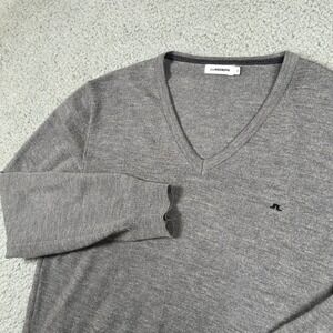 J.Lindeberg Sweater Mens XL Merino Wool‎ V-Neck Gray Classic Knitwear
